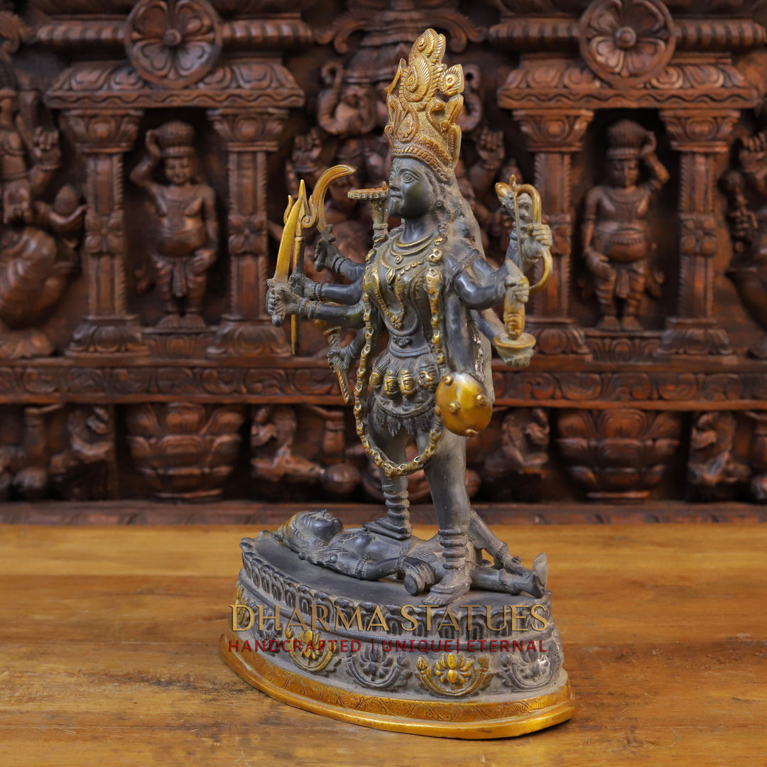 Brass Kali Statue, Standing on shiva's chest, Black patina & Golden Finish 20"