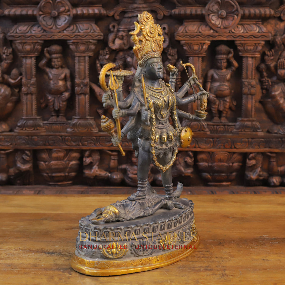 Brass Kali Statue, Standing on shiva's chest, Black patina & Golden Finish 20"