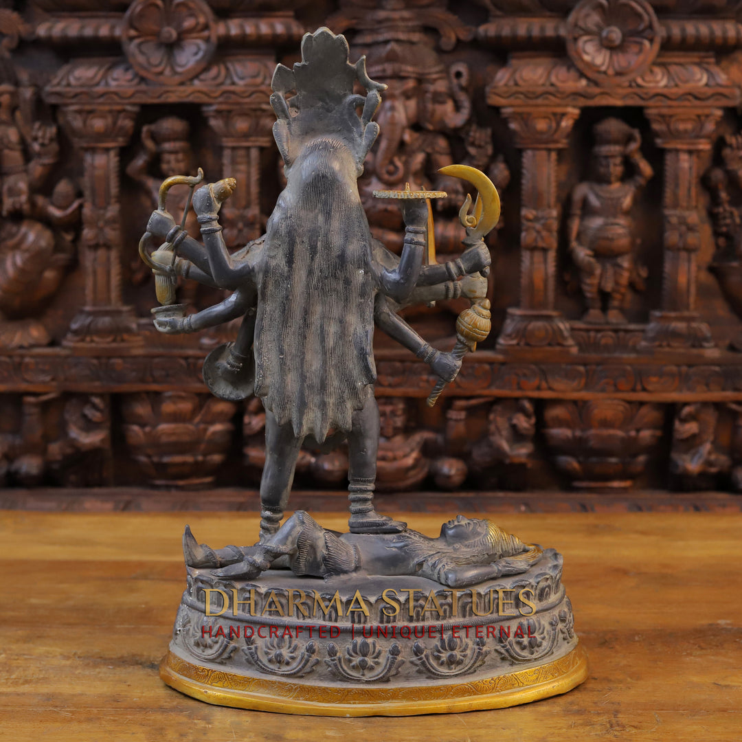 Brass Kali Statue, Standing on shiva's chest, Black patina & Golden Finish 20"