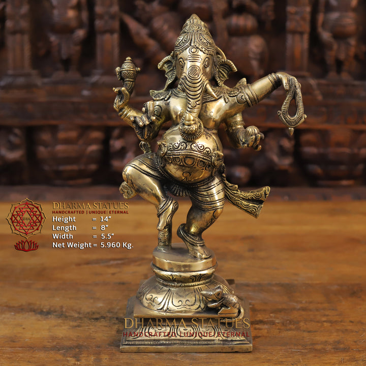 Brass Dancing Ganesh Idol, Fine Golden Finish 14"