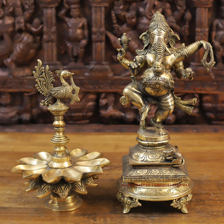 Brass Dancing Ganesh Idol, Fine Golden Finish 14"