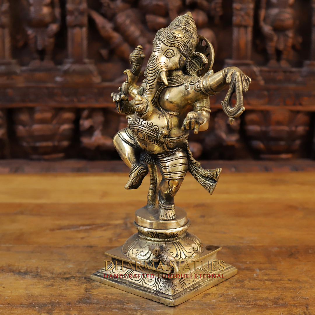 Brass Dancing Ganesh Idol, Fine Golden Finish 14"