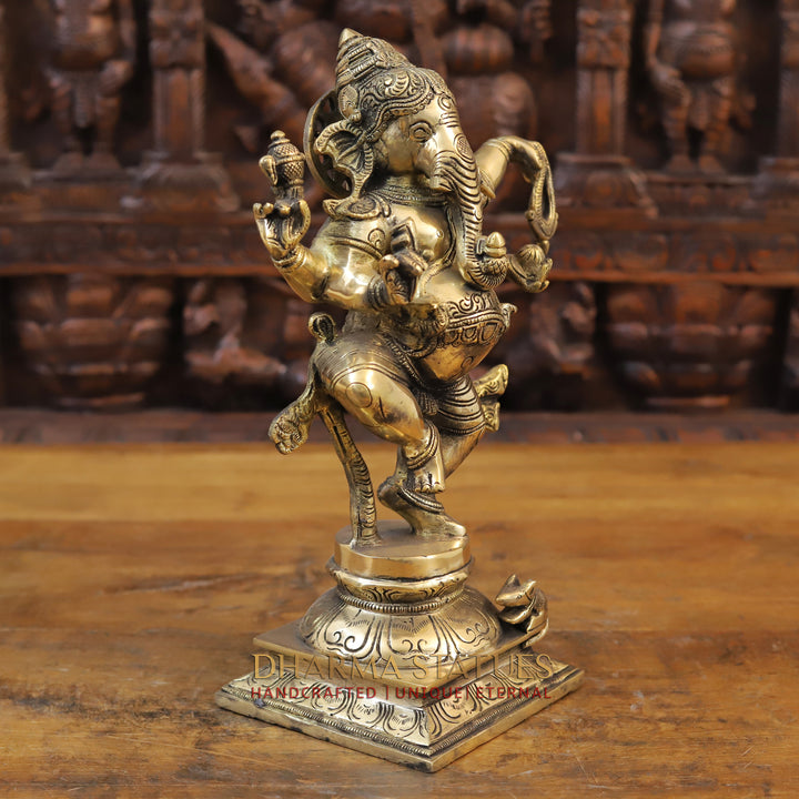 Brass Dancing Ganesh Idol, Fine Golden Finish 14"