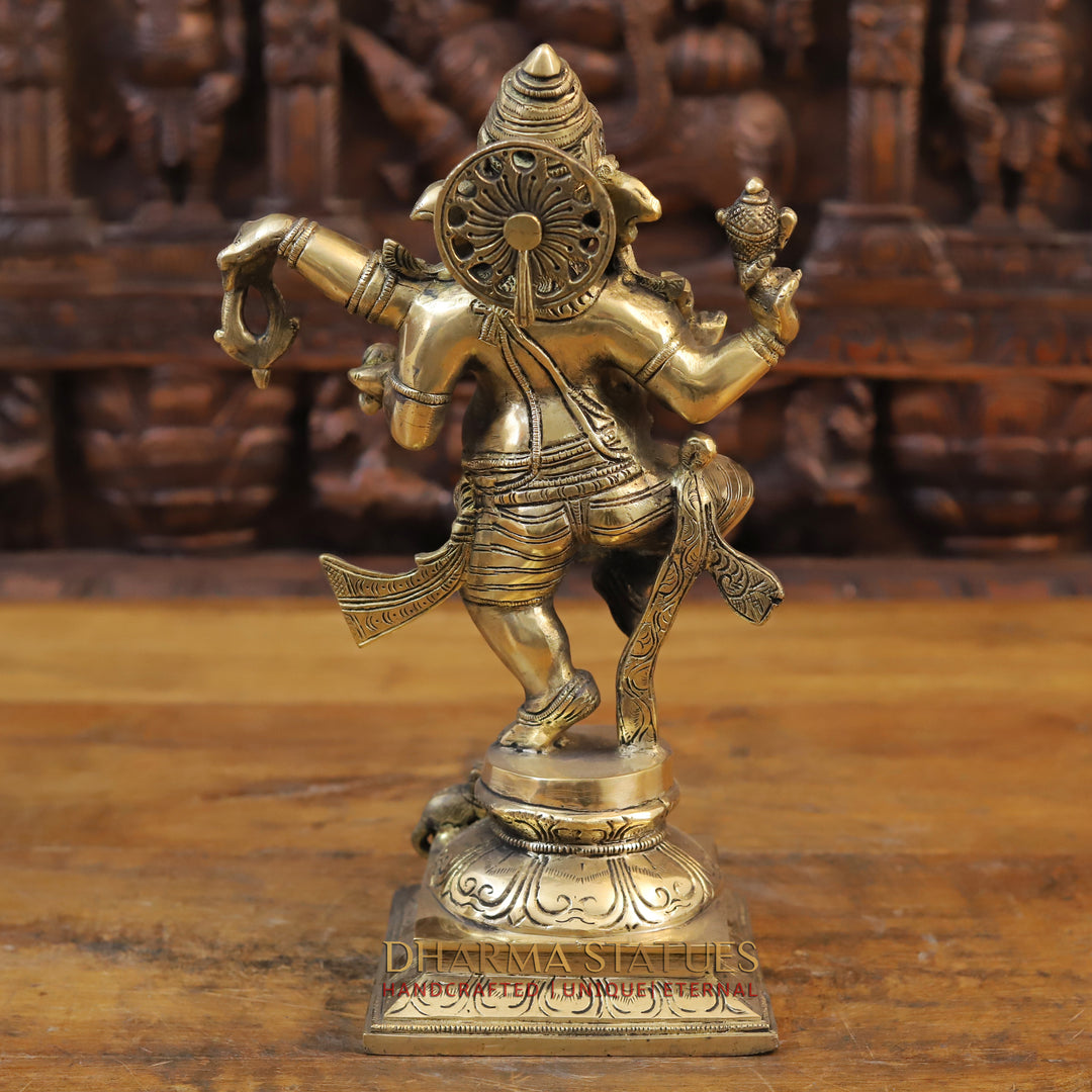 Brass Dancing Ganesh Idol, Fine Golden Finish 14"