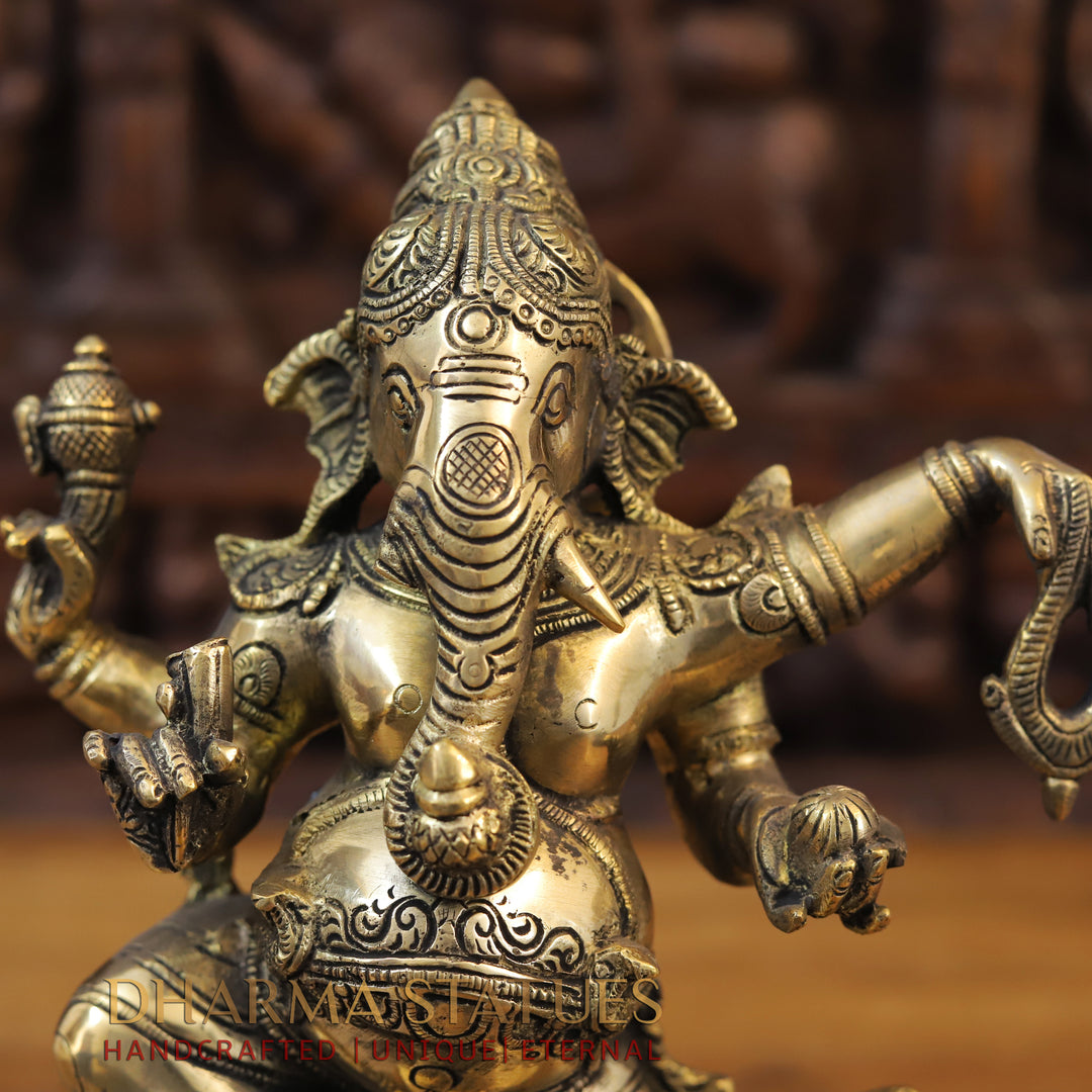 Brass Dancing Ganesh Idol, Fine Golden Finish 14"