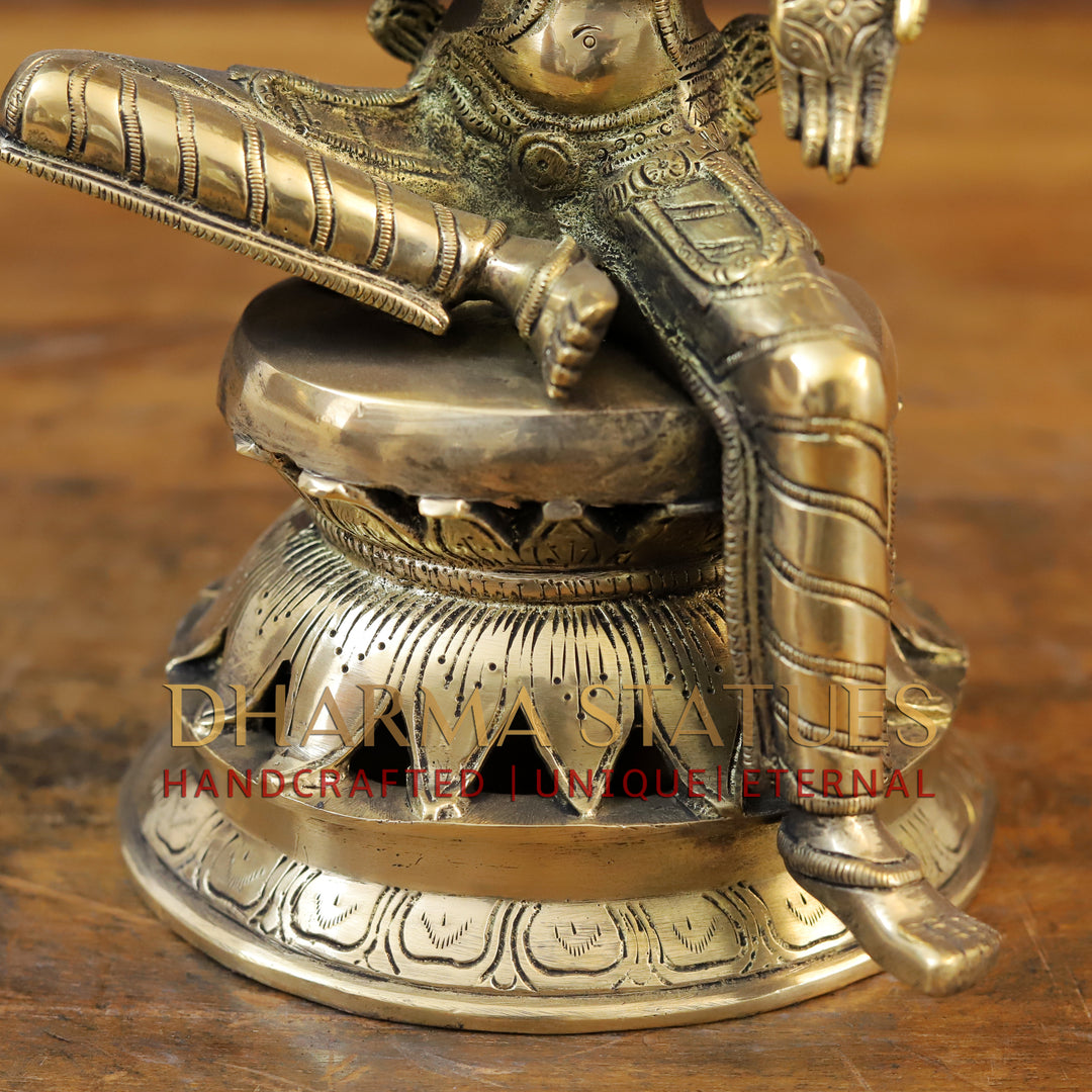 Brass Saraswati Idol, Seated on a Lotus, Fine Golden Finish 12"