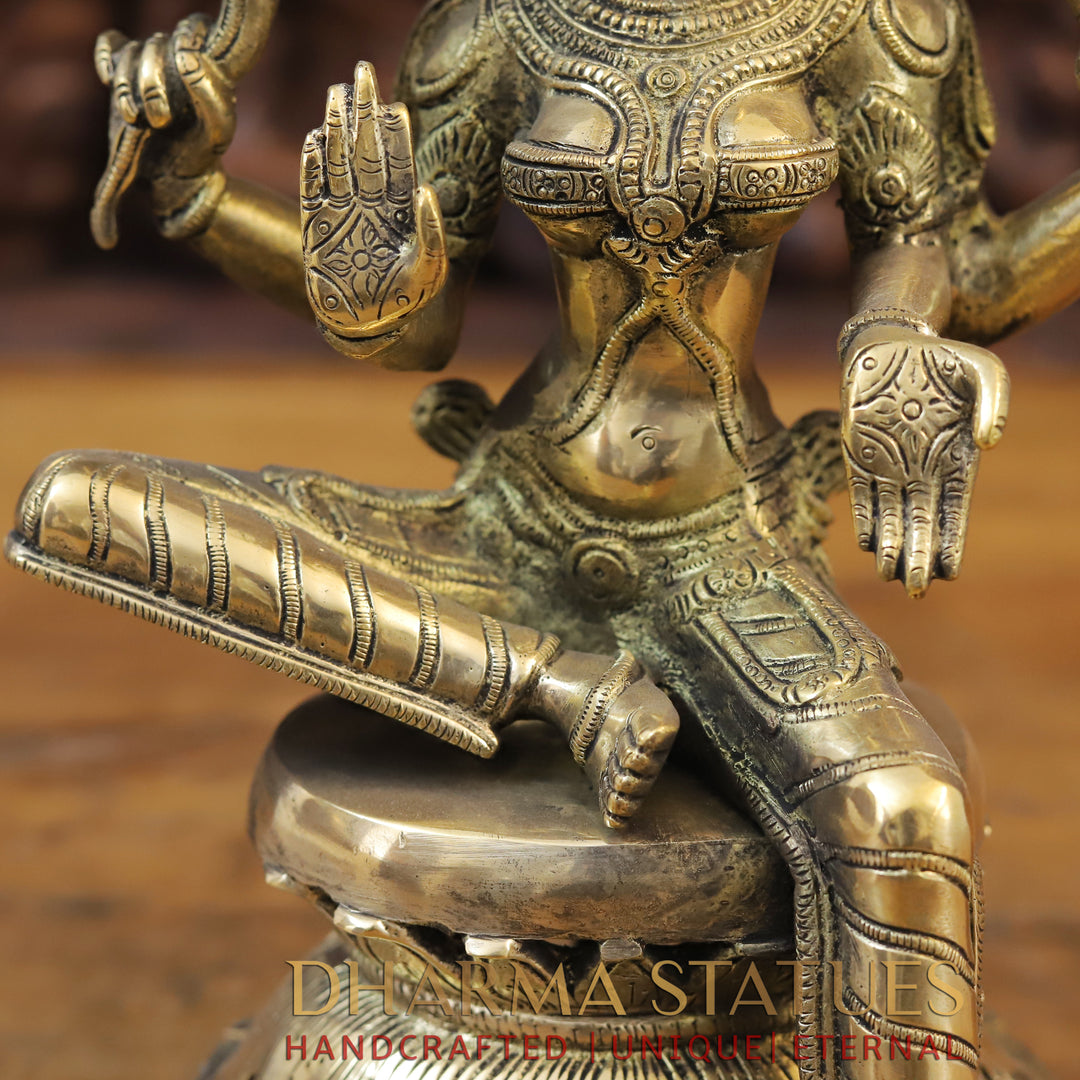 Brass Saraswati Idol, Seated on a Lotus, Fine Golden Finish 12"