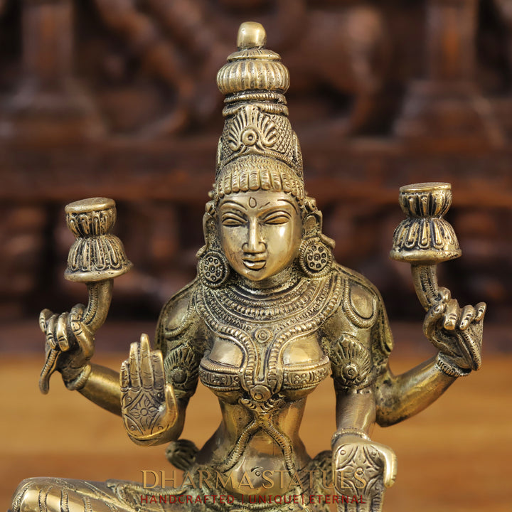 Brass Saraswati Idol, Seated on a Lotus, Fine Golden Finish 12"