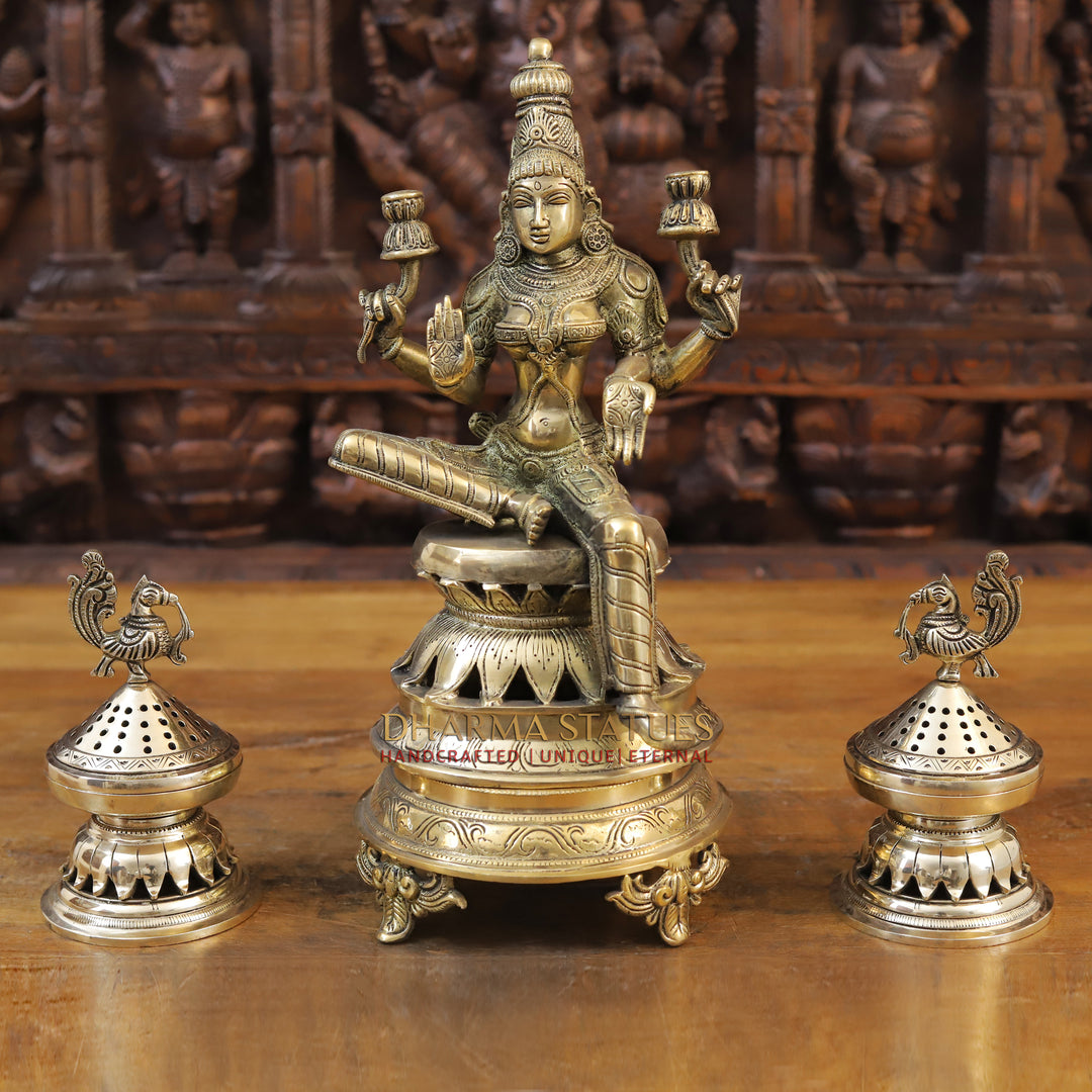 Brass Saraswati Idol, Seated on a Lotus, Fine Golden Finish 12"