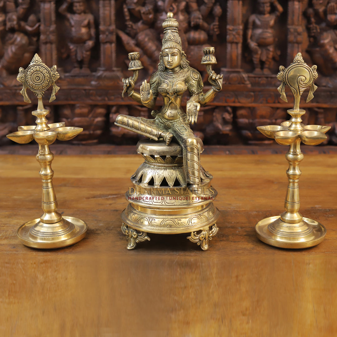 Brass Saraswati Idol, Seated on a Lotus, Fine Golden Finish 12"