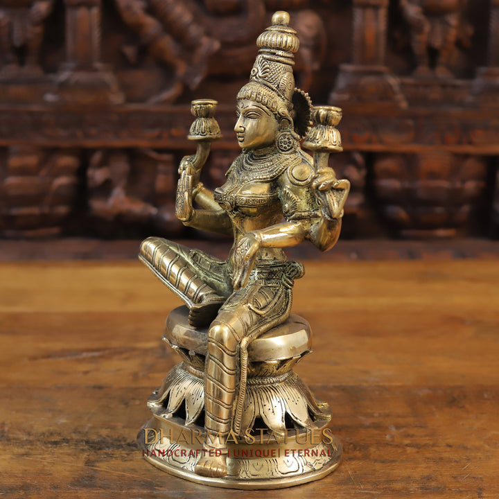 Brass Saraswati Idol, Seated on a Lotus, Fine Golden Finish 12"