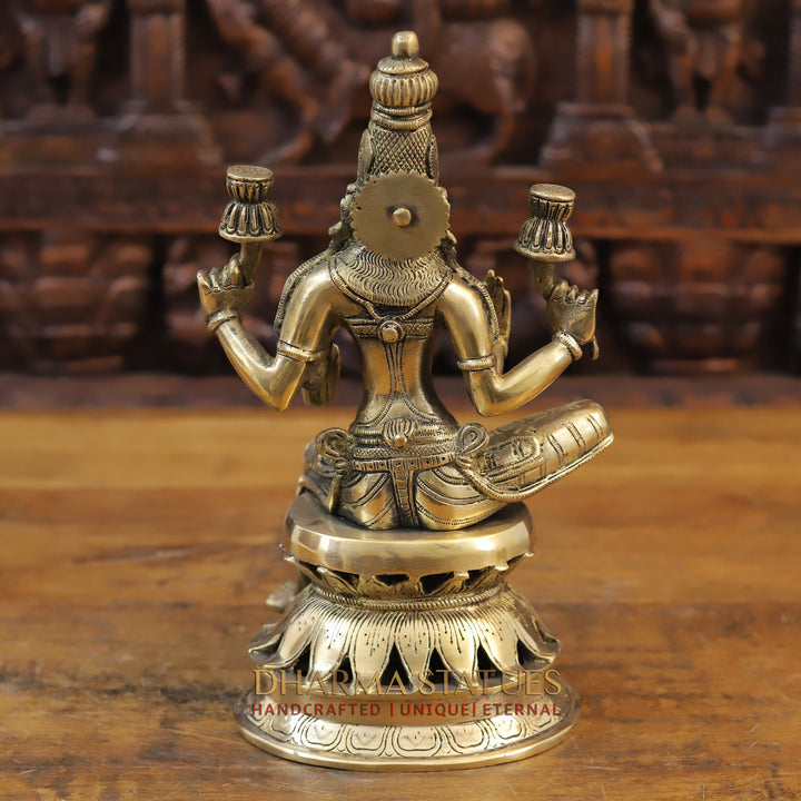 Brass Saraswati Idol, Seated on a Lotus, Fine Golden Finish 12"