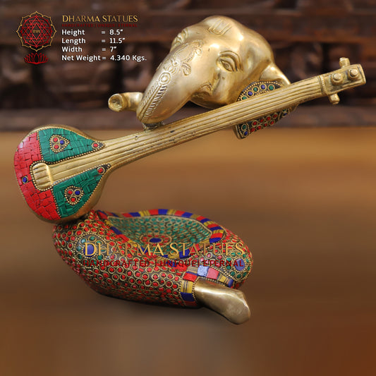 Brass Modern Ganesh with Veena, Golden & Stonework, 8.5"