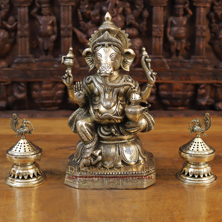 Brass Ganesh Idol, Seated on a Lotus Base, Fine Golden Finish 15"