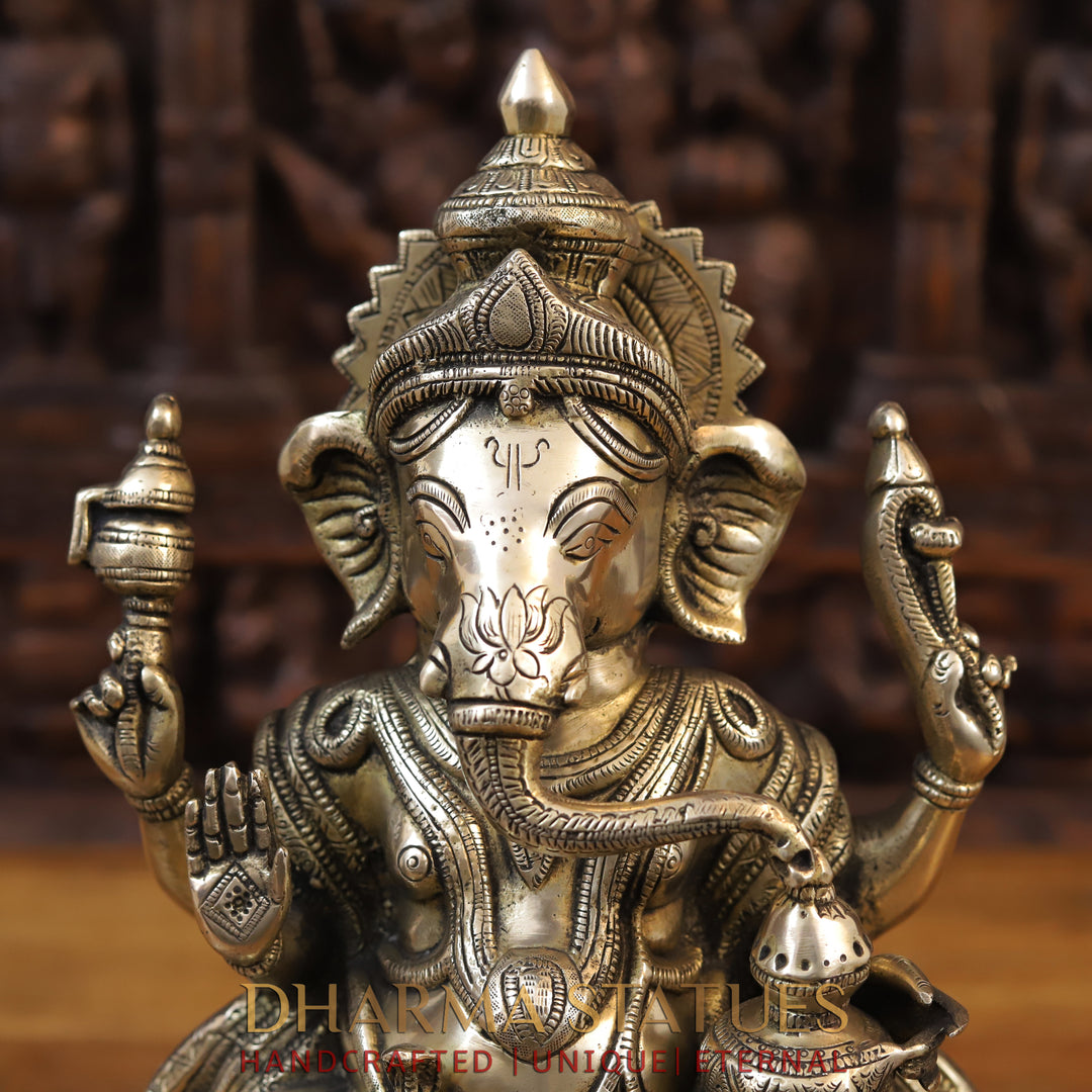 Brass Ganesh Idol, Seated on a Lotus Base, Fine Golden Finish 15"