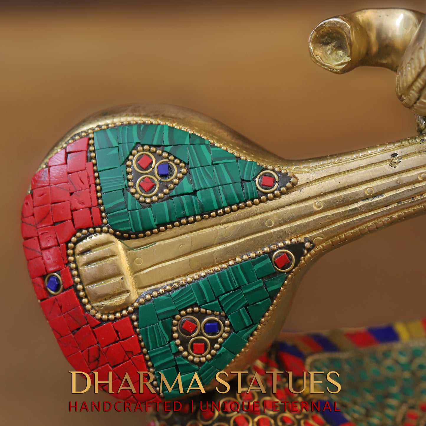 Brass Modern Ganesh with Veena, Golden & Stonework, 8.5"