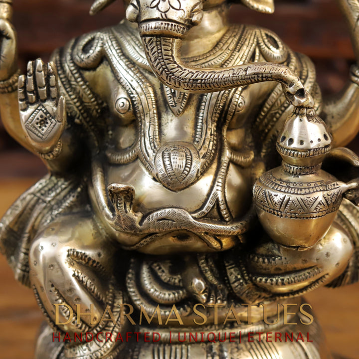 Brass Ganesh Idol, Seated on a Lotus Base, Fine Golden Finish 15"