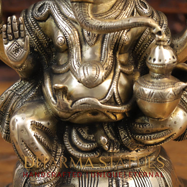 Brass Ganesh Idol, Seated on a Lotus Base, Fine Golden Finish 15"