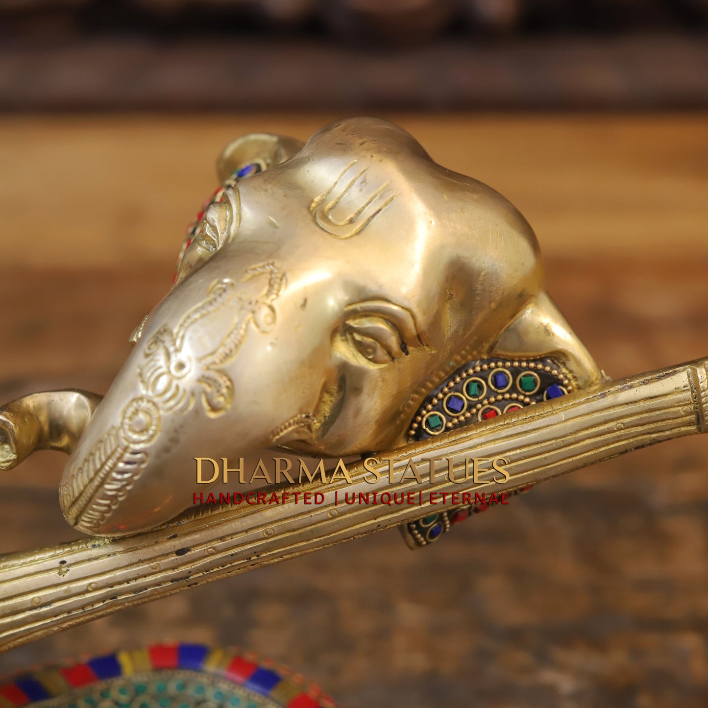 Brass Modern Ganesh with Veena, Golden & Stonework, 8.5"
