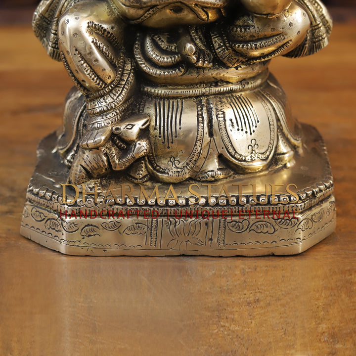 Brass Ganesh Idol, Seated on a Lotus Base, Fine Golden Finish 15"