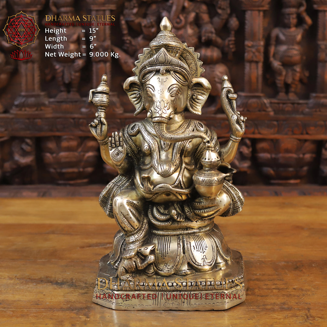 Brass Ganesh Idol, Seated on a Lotus, Fine Golden Finish 15" Front View