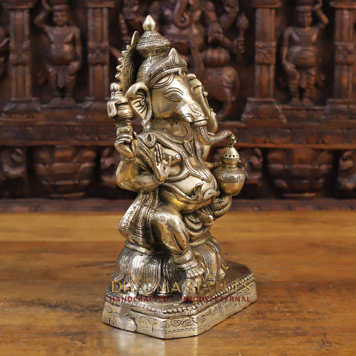 Brass Ganesh Idol, Seated on a Lotus Base, Fine Golden Finish 15"