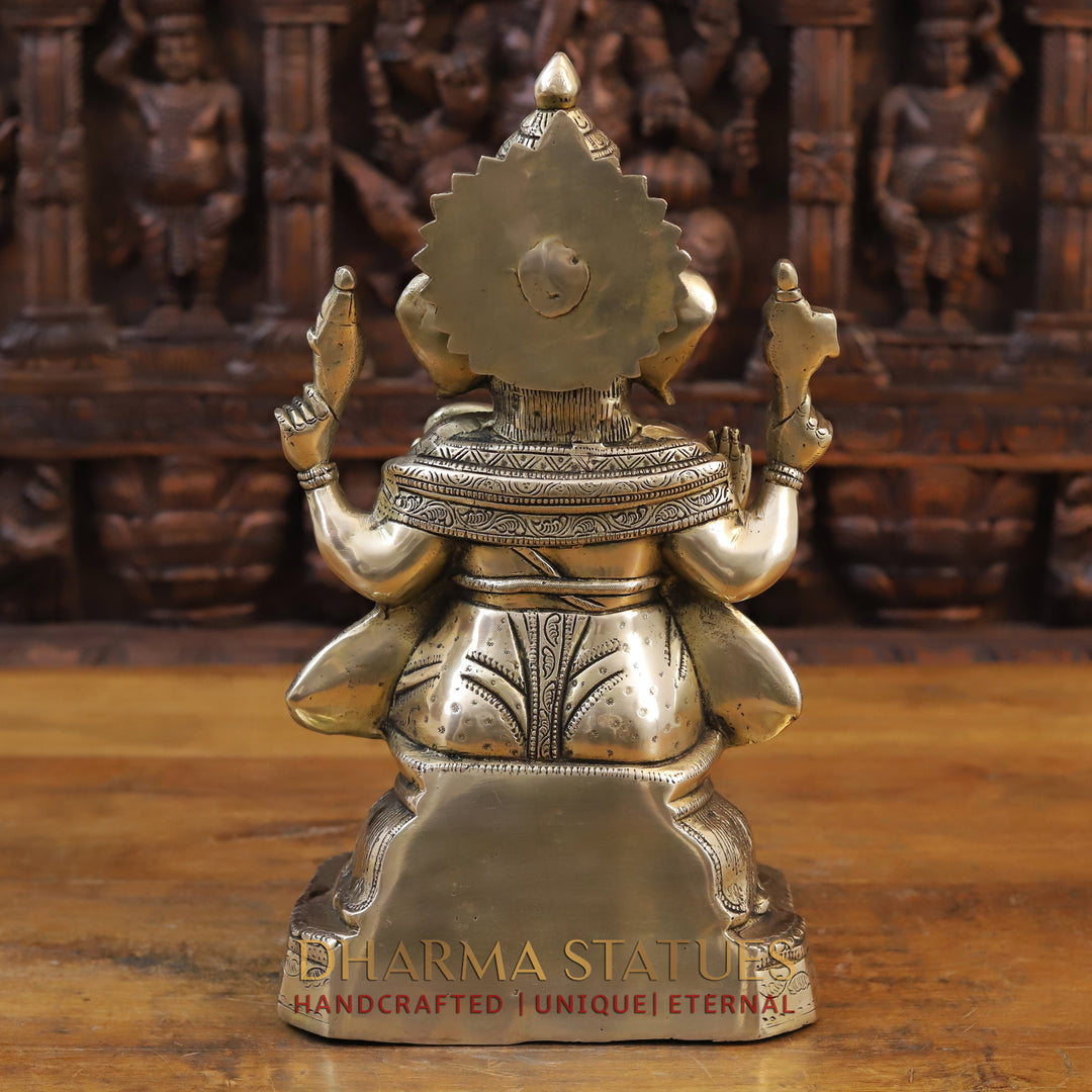 Brass Ganesh Idol, Seated on a Lotus Base, Fine Golden Finish 15"