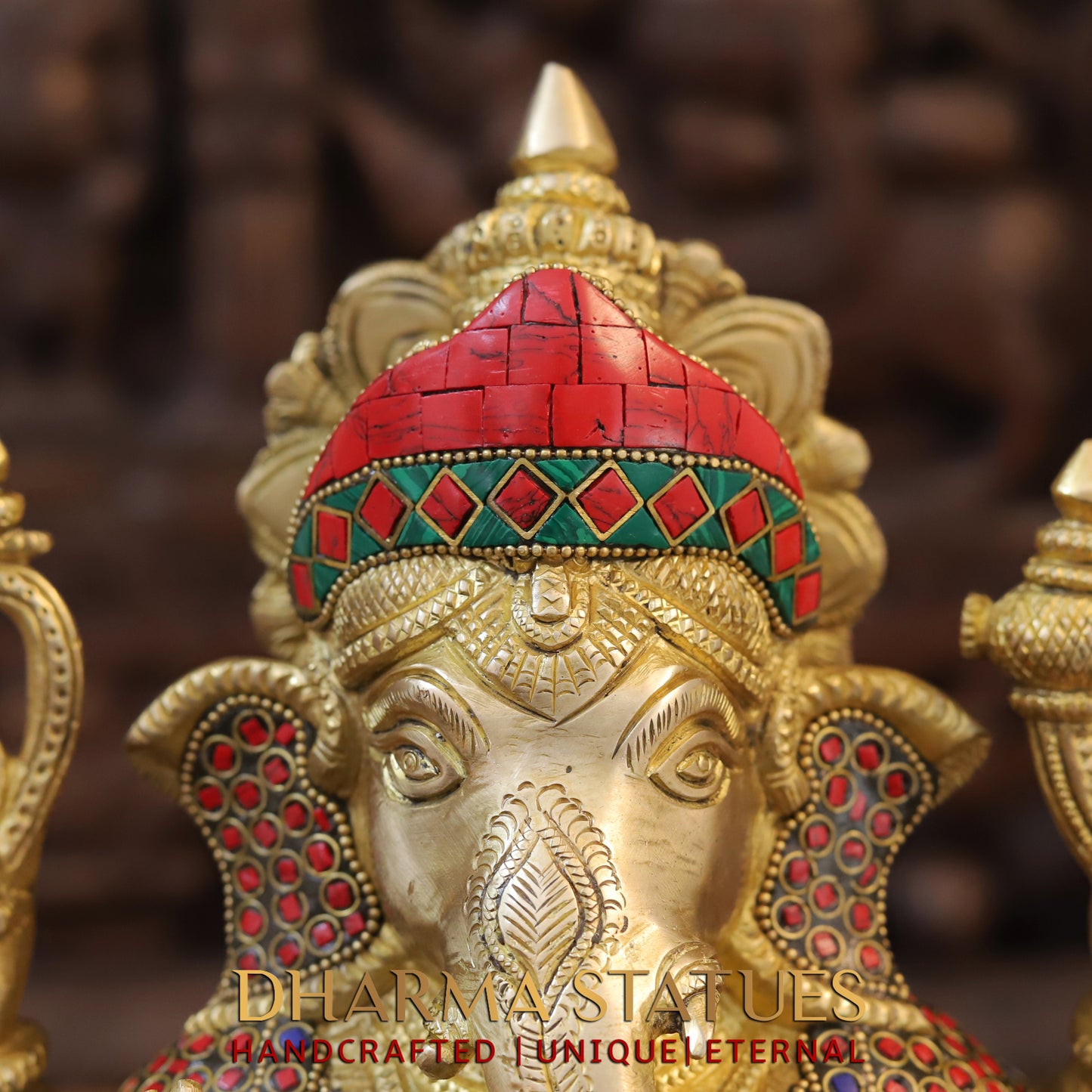 Brass Ganesh seated on Chowki. Blessing Posture, Golden & Stonework, 13"