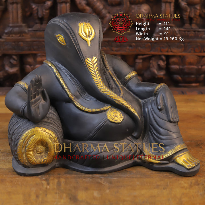 Brass Resting Ganesh Idol, Grey and Golden Finish 11" Front View