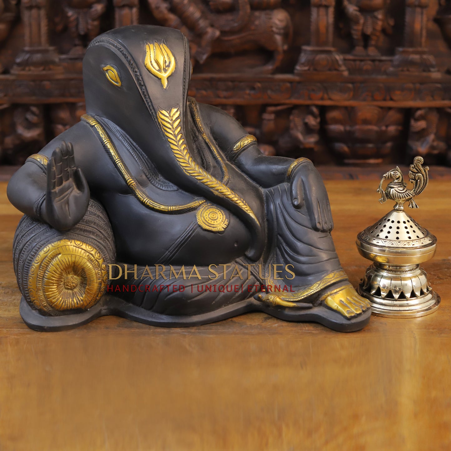 Brass Resting Ganesh Idol, Grey and Golden Finish, 11"