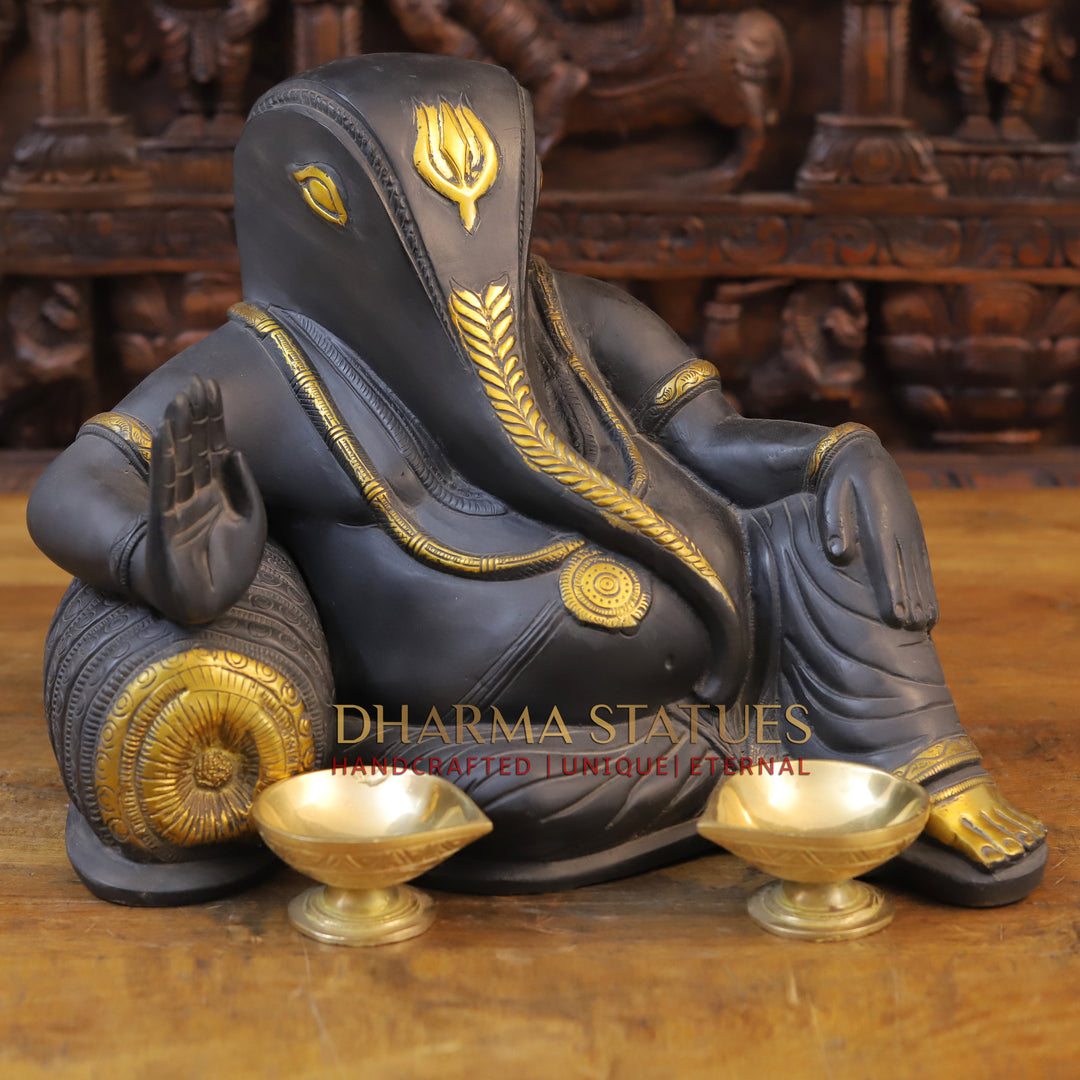 Brass Resting Ganesh Idol, Grey and Golden Finish 11"