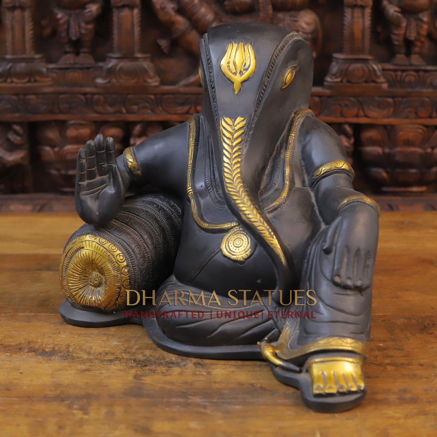 Brass Resting Ganesh Idol, Grey and Golden Finish, 11"