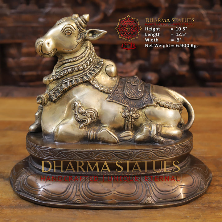 Brass Nandi Statue Seated, Mount of Mahadeva, Golden Finish with Copper hues, 10.5"