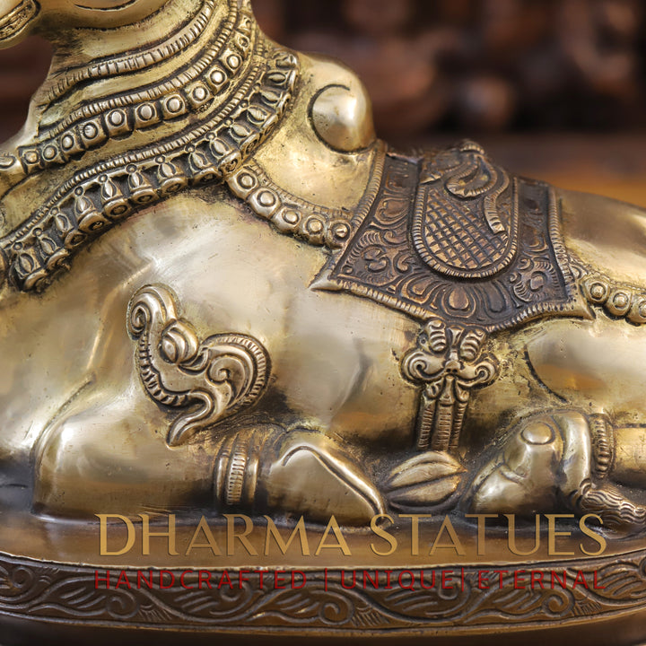 Brass Nandi Statue Seated, Mount of Mahadeva, Golden Finish with Copper hues, 10.5"