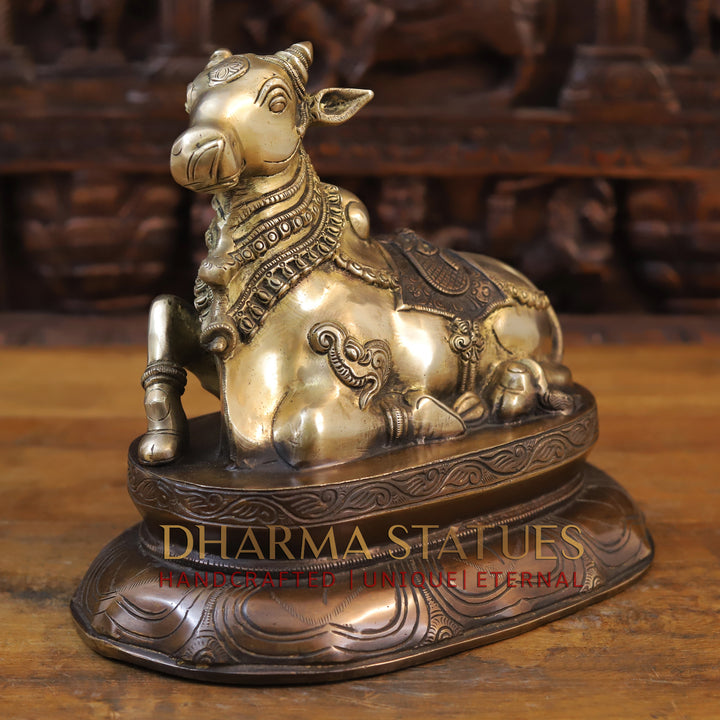 Brass Nandi Statue Seated, Mount of Mahadeva, Golden Finish with Copper hues, 10.5"