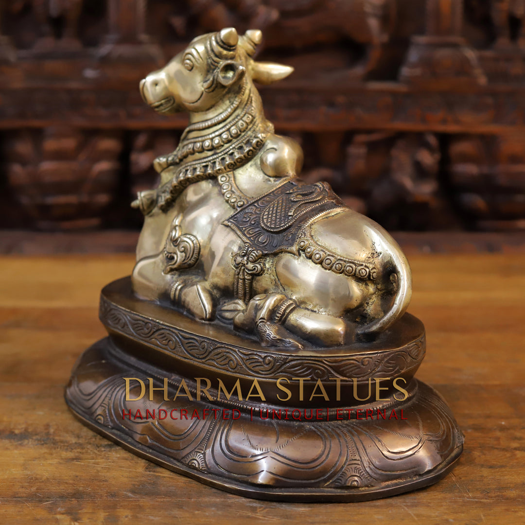 Brass Nandi Statue Seated, Mount of Mahadeva, Golden Finish with Copper hues, 10.5"