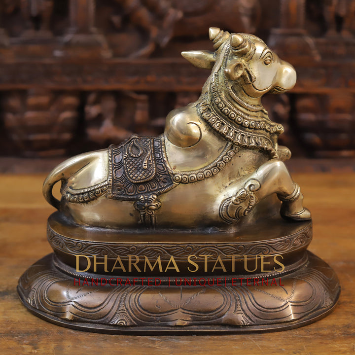 Brass Nandi Statue Seated, Mount of Mahadeva, Golden Finish with Copper hues, 10.5"