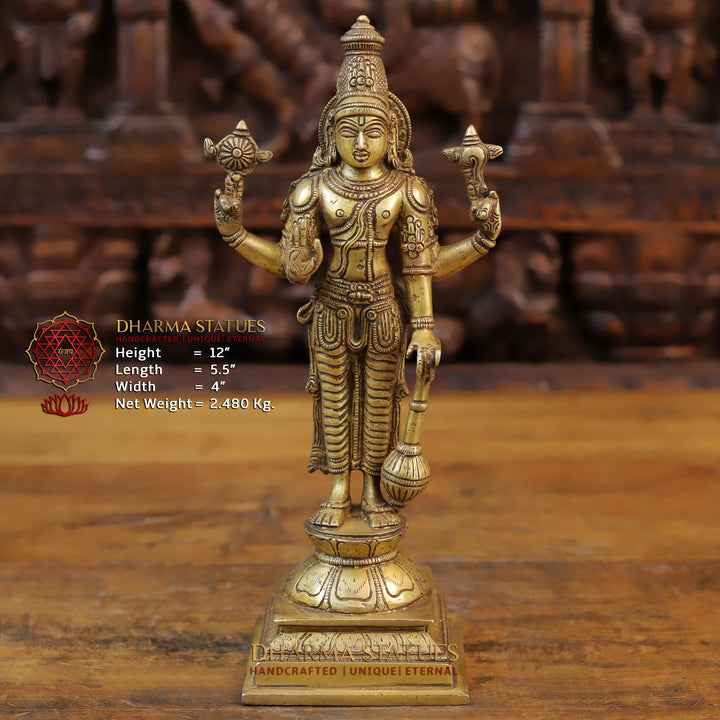 Brass Lord Vishnu Idol, Standing on a Lotus, Fine Golden Finish 12"