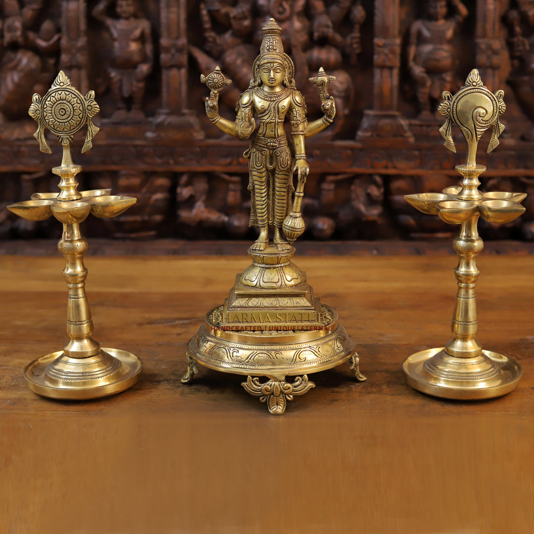 Brass Lord Vishnu Idol, Standing on a Lotus, Fine Golden Finish 12"