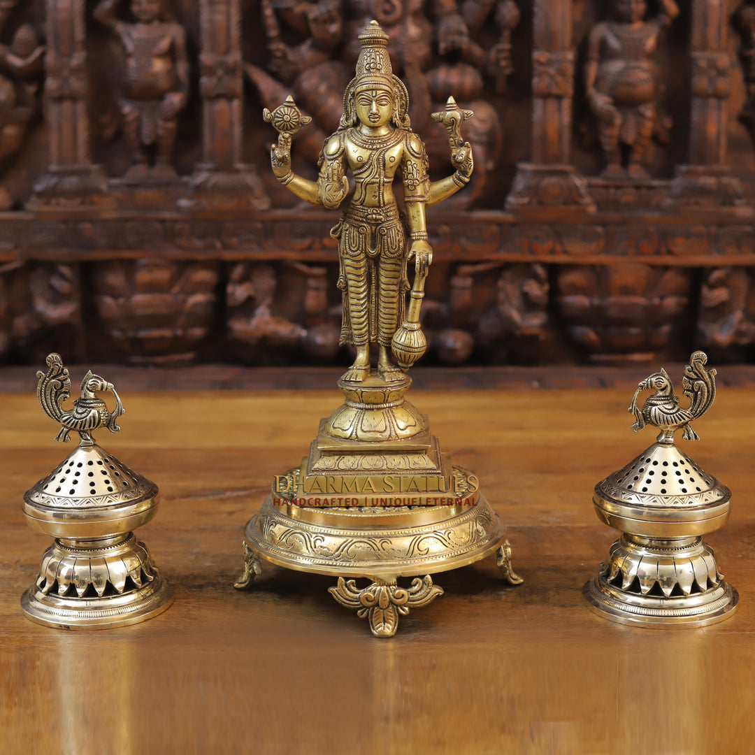 Brass Lord Vishnu Idol, Standing on a Lotus, Fine Golden Finish 12"