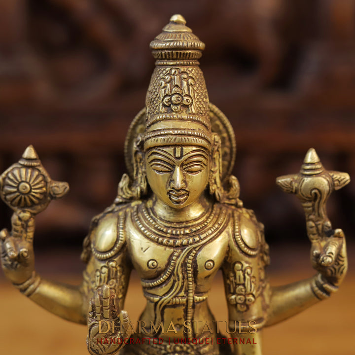 Brass Lord Vishnu Idol, Standing on a Lotus, Fine Golden Finish 12"