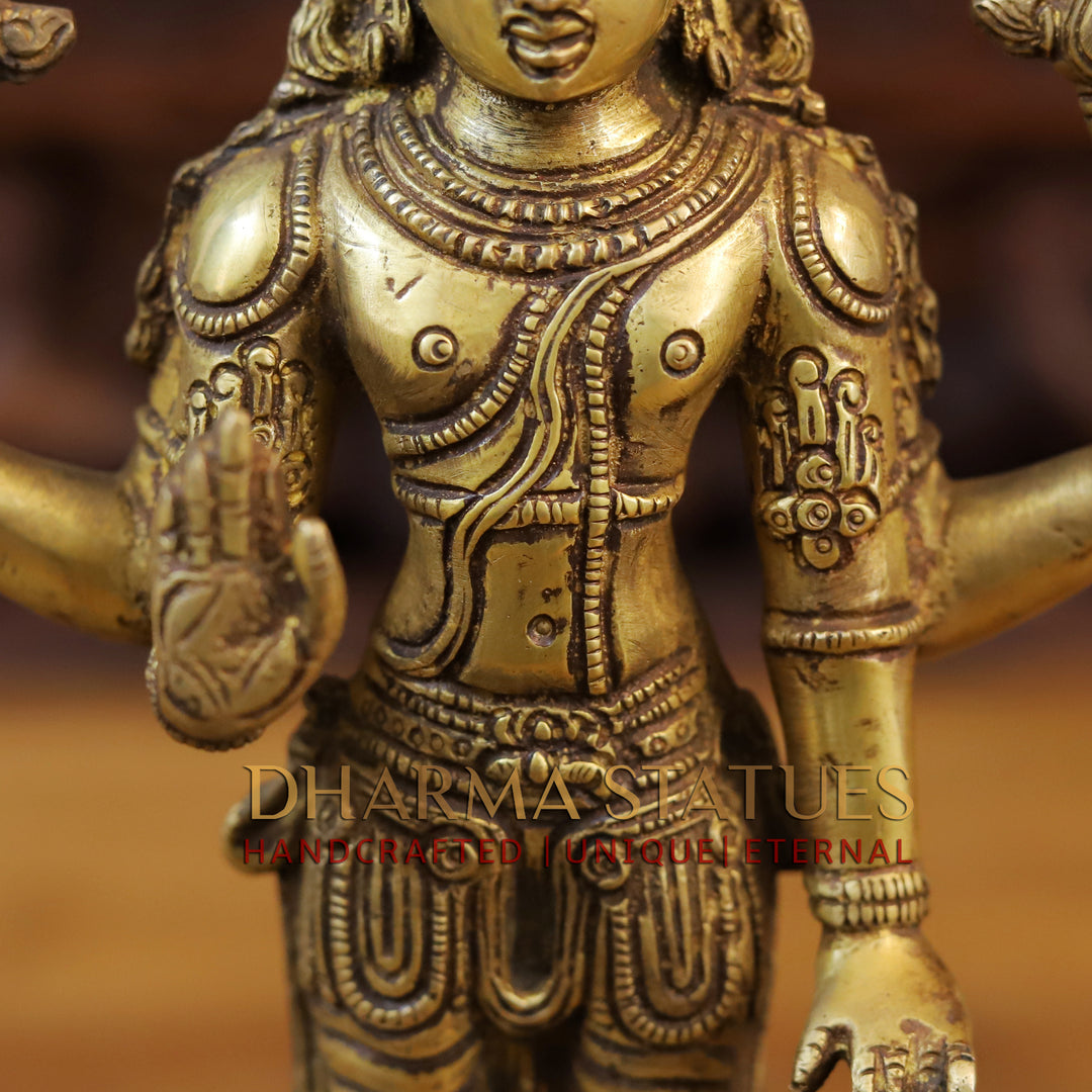 Brass Lord Vishnu Idol, Standing on a Lotus, Fine Golden Finish 12"