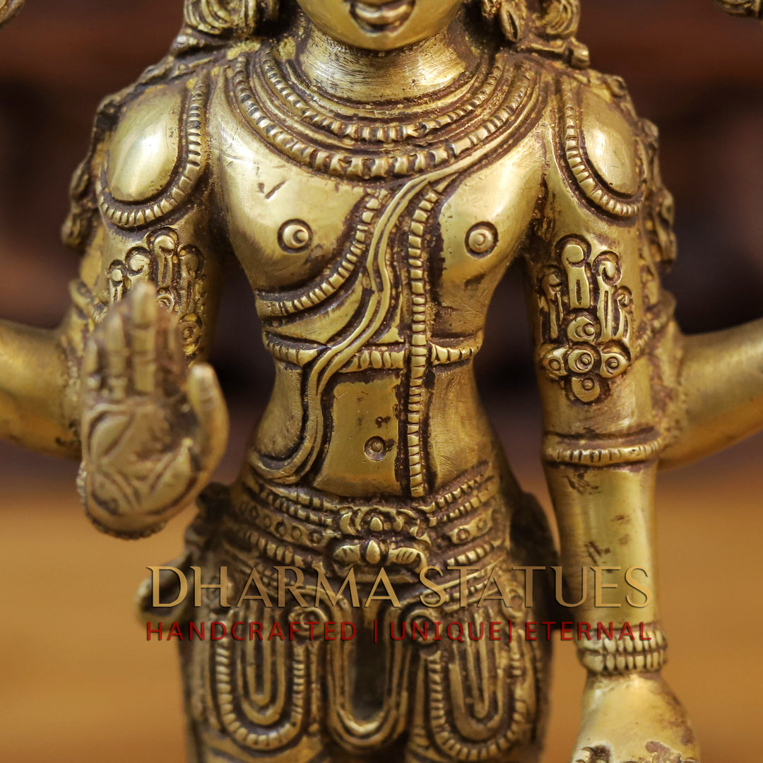 Brass Lord Vishnu Idol, Standing on a Lotus, Fine Golden Finish 12"