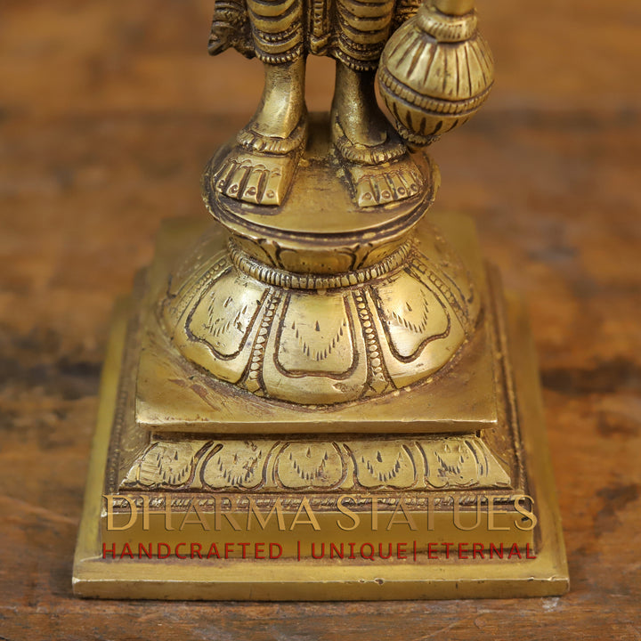 Brass Lord Vishnu Idol, Standing on a Lotus, Fine Golden Finish 12"