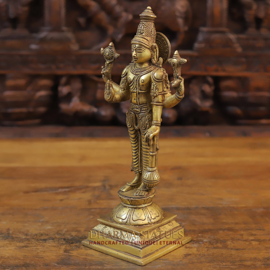 Brass Lord Vishnu Idol, Standing on a Lotus, Fine Golden Finish 12"