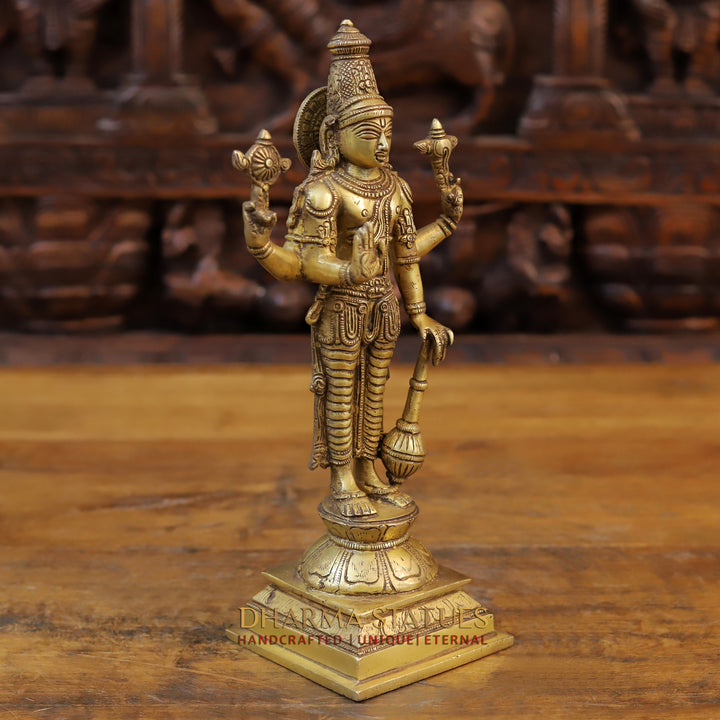 Brass Lord Vishnu Idol, Standing on a Lotus, Fine Golden Finish 12"