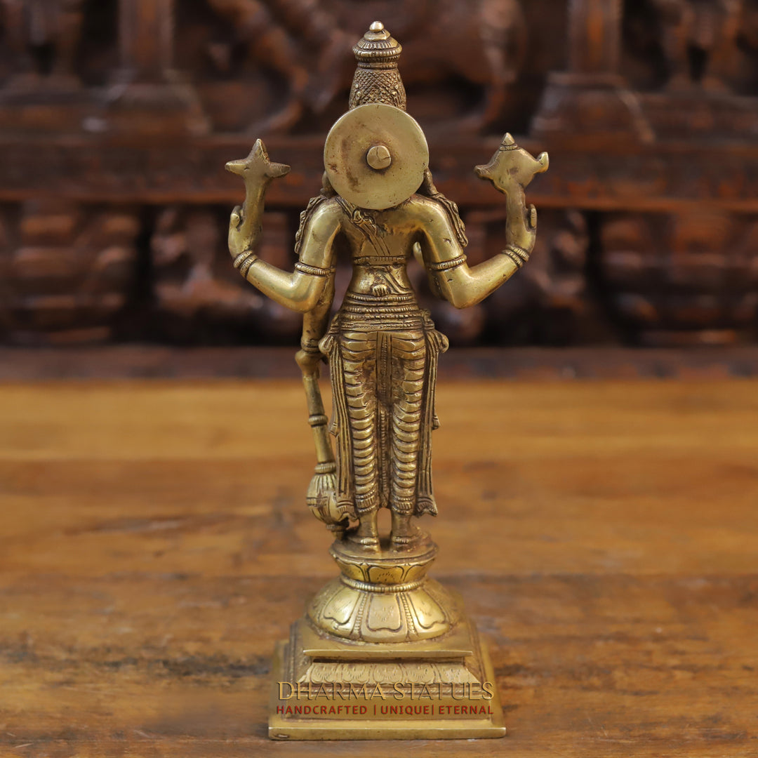 Brass Lord Vishnu Idol, Standing on a Lotus, Fine Golden Finish 12"