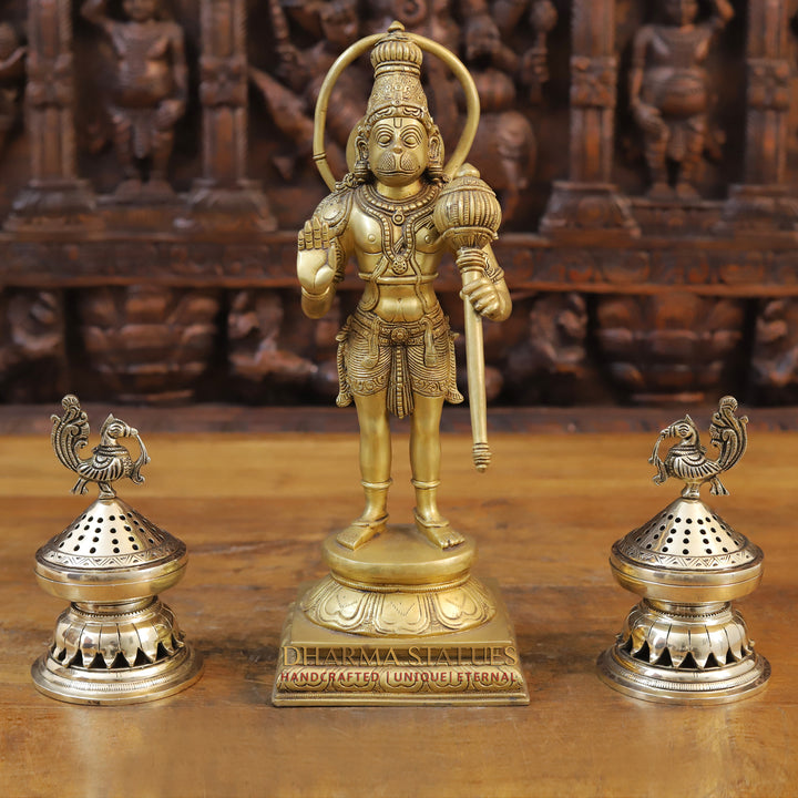 Brass Lord Hanuman Idol, Standing on a Lotus Pedastal , Fine Golden Finish 14.5"