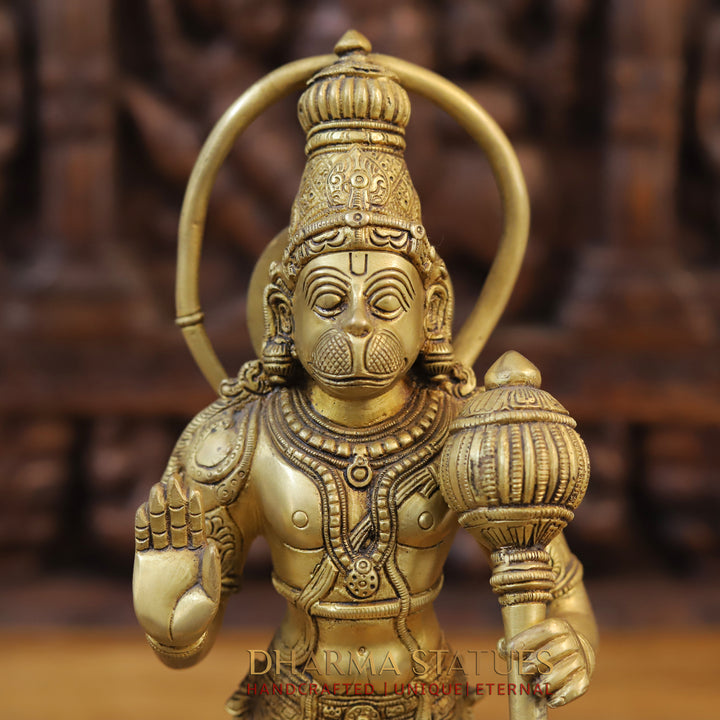 Brass Lord Hanuman Idol, Standing on a Lotus Pedastal , Fine Golden Finish 14.5"