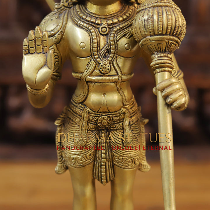 Brass Lord Hanuman Idol, Standing on a Lotus Pedastal , Fine Golden Finish 14.5"